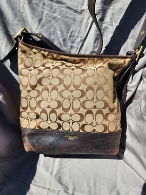 Coach Signature Jacquard and Leather Shoulder Bag in Brown